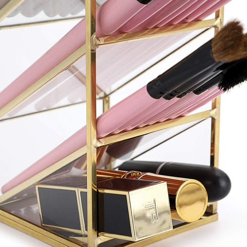 Hipiwe (4 Vintage Gold Metal Desk Organizer - Glass Make up Brushes lipstick Holder Dresser Organizer Pen Pencil