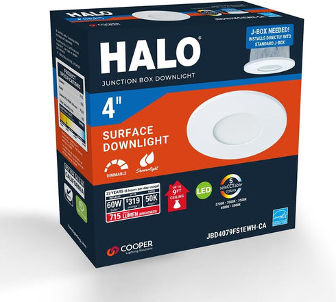 4 Inch 700 JBD4079FS1EWH-CA HALO JBD Slim Surface Mount LED Downlight with Selectable CCT, Lumens, Wet Location-Listed