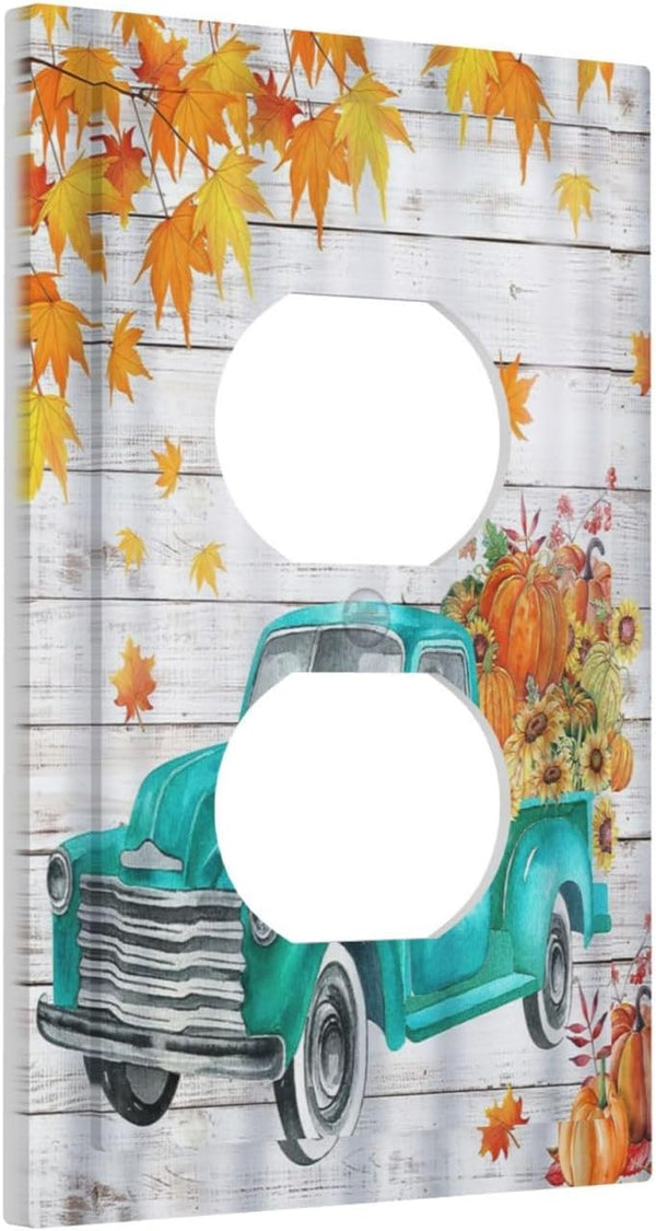 Vintage Autumn Fall Pumpkin Farm 1 Gang Outlet Plate, Duplex Decorative Truck Leaves Texture Art Outlet Covers