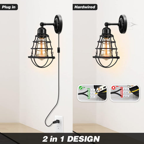 2pack, LYOOWNG Plug in Wall Sconces Industrial Wall Lamp with Plug in Cord, Farmhouse Wall Sconces, Wire Cage Wall