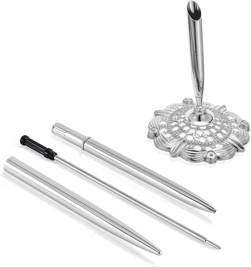 Hollow Round Pen Holder Signing Pen Set for Wedding, Bridal Engagement, Valentine's Day Favors, Silver