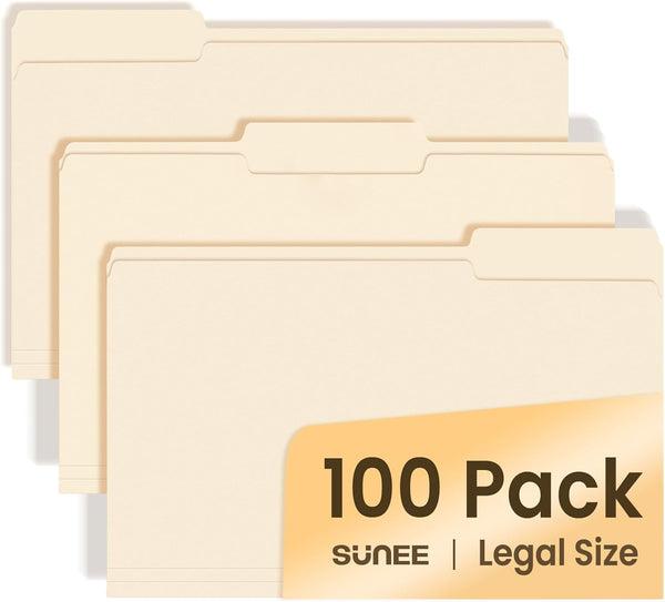 SUNEE File Folders, Legal Size, 100 Pack Manila Folders, 8.5 x 11, 1/3-Cut Tabs for Office Home School