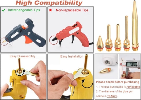 5Pcs Glue Gun Copper Nozzle Set, Interchangeable Nozzles for Hot Melting Glue Gun Accessories