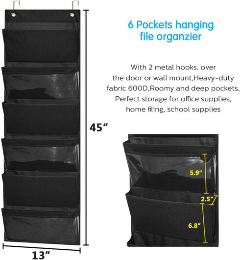 ZKOO Fabric Office Supplies Storage Organizer - Wall Mount/Over The Door Hanging File Folder with 6 Pockets & 2 Hangers
