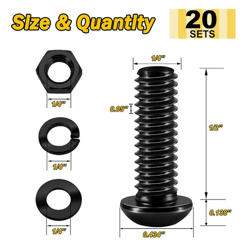 (20 Sets) 1/4-20 Bolt x 1/2" Button Head Socket Cap Bolts, Black Oxide 304 Stainless Steel Nuts and Bolts Assortment Kit
