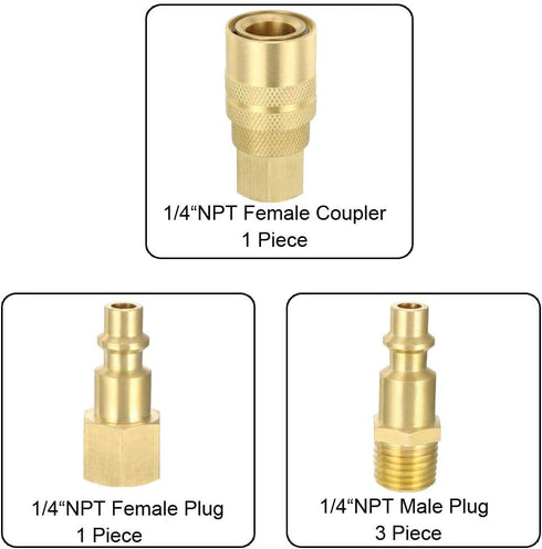 uxcell High-Flow Plug Assortment – Brass Quick Coupler Plug Air Hose Fitting Quick-Connect Fitting, 1/4" NPT, 5pcs