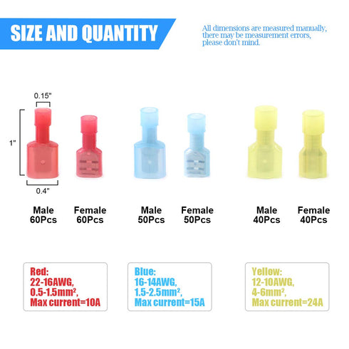 Glarks 300pcs 22-16 16-14 12-10 Gauge Nylon Fully Insulated Male/Female Spade Quick Splice Terminals Kit