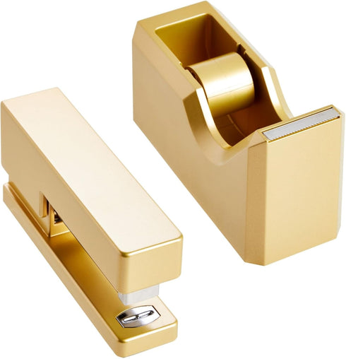 Paper Junkie 2 Piece Matte Gold Stapler and Tape Dispenser Set for Home Office Decor, Classroom Supplies, Desk