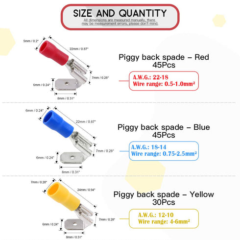 Hilitchi 120pcs Piggy Back Insulated Terminals Electrical Wiring Crimp Connectors Set, 22-16/16-14/12-10AWG
