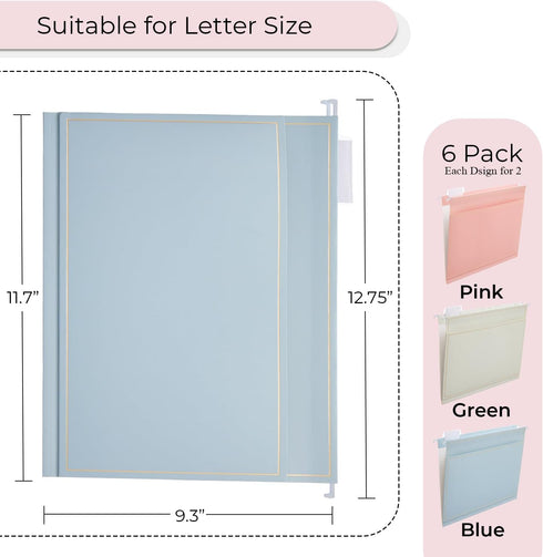 Y YOMA 6 Pack Rose Gold Hanging File Folders with Pocket, Letter Size, Decorative File Folder for Office