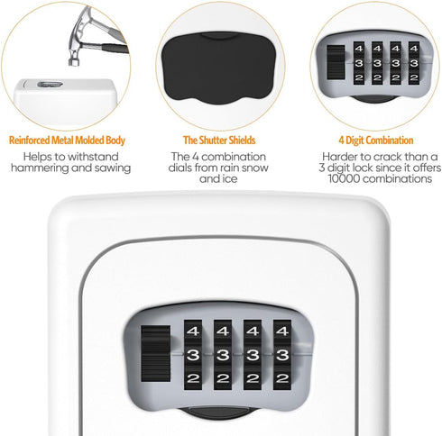Fayleeko Key Lock Box Wall Mounted, 4 Digit Combination Lockbox for House Keys - 5 Keys Capacity, White (1 Pack)