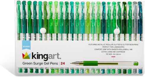 KINGART 400-24G Green Tones Rollerball Gel Pens, Set of 24 Colors, XL Ink Cartridge for Writing & Coloring