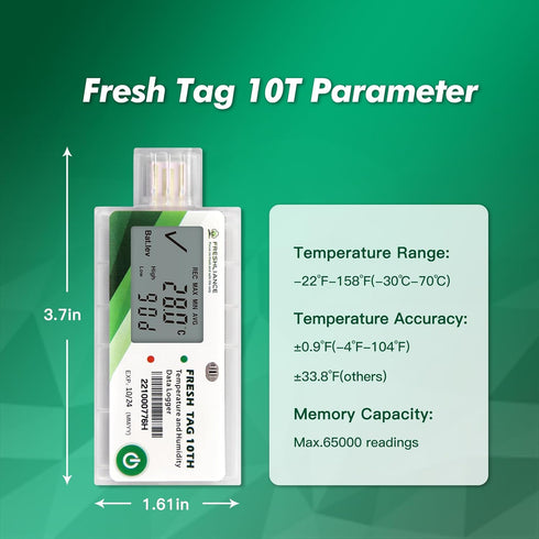 LCD Temperature Humidity Data Logger, Single Use USB Temperature Humidity Recorder with PDF or CSV Report, 65000 Readings -22?~158? High Accuracy, 30days, 1pack, Fresh Tag10TH