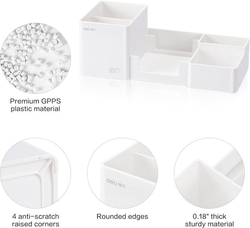 deli Desk Organizer, Plastic Desktop Organizer with Pencil Holder and Sticky Note Tray, 6 Compartments, White