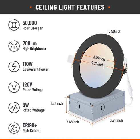 2 Pack 4 Inch 5CCT 4 Inch Dimmable 2700K/3000K/4000K/5000K/6000K, 9W 700lm Recessed Lighting with Junction Box, Black