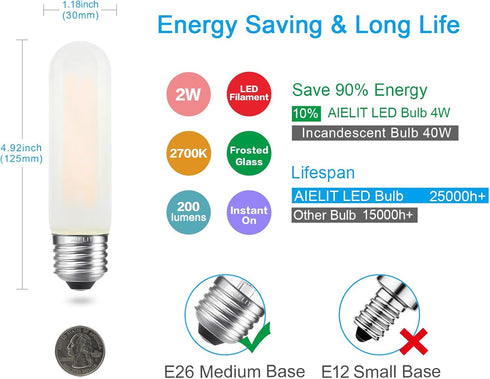 T10/T30 Bulb 25 2700K, 200 E26 2W Dimmable Bulbs, Bulb 3-Pack Frosted LED Light Watt Equivalent, Warm White LM