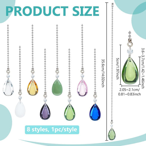 8Colors 304 BENECREAT Glass Drop Ceiling Fan Pull Chain Extenders, Colorful Teardrop Hanging Fan Extension