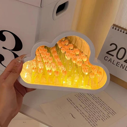 (20 LOGAZOO Flower) Tulip Lamp Night Light with Mirror, Assembled Artificial Flower Lamp Table Light Bedroom Decoration