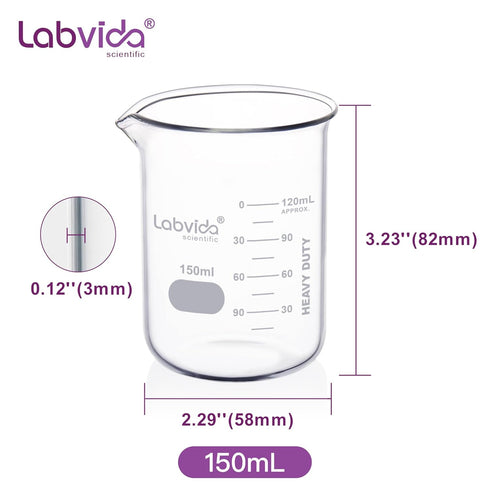 6pcs 150ml Upgraded Thick Glass Beakers, Griffin Low Form Beaker Set with Double Scale, 3.3 Boro, LVA006