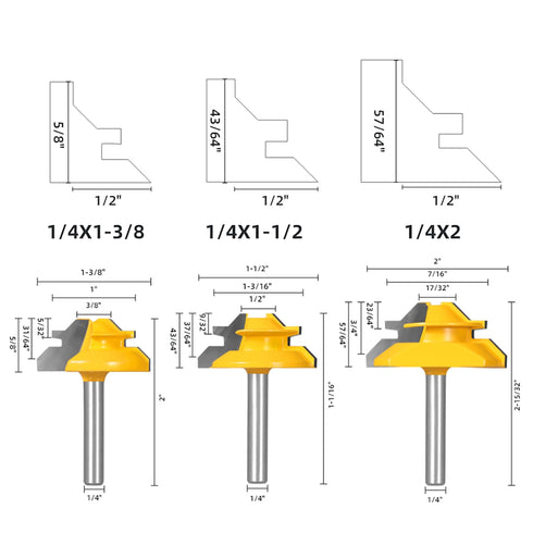 Totowood 45 3-Piece Set, 31/64", 37/64",3/4" 1/4 Inch (3PCS 1/4 (3PCS 1/4 Degree Lock Miter Router Bit for Cutting