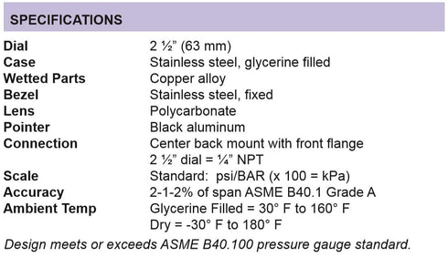 PIC Gauges PRO-204L-254M Panel Mount Glycerin Filled Industrial Pressure Gauge, 2.5" Dial, 0/1000 psi Range