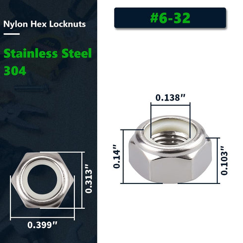 #6-32 inch Nylon Insert Hex Lock Nuts (50 Pack), 304 Stainless Steel, Corrosion-Resistant for DIY Projects