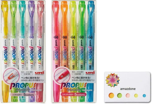 Uni Propus Window Double-Sided Highlighter Pen, 10 Color Set with 4.0 mm/0.6 mm Twin Tip and Sticky Notes