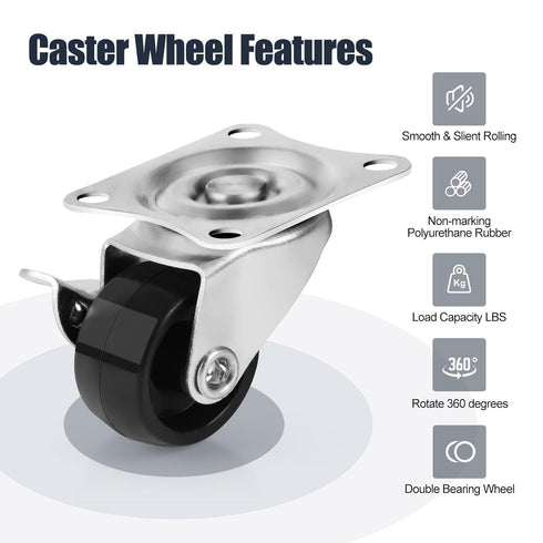 1" Low Profile Caster Wheels Set of 4, Polypropylene, No Noise Swivel Caster for Furniture, 360 Degree Top Plate