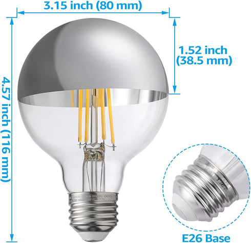 TORCHSTAR Half Chrome LED Light Bulb, 7W Chrome Dipped, G25 Globe, Dimmable, E26 Base, 3000K Warm White, 3 Pack