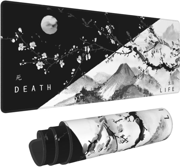 Black White Japanese Cherry Blossom Gaming Mouse Pad, 31.5 X 11.8 Inch XL Pink Cool Design Big Mousepad for Home Office