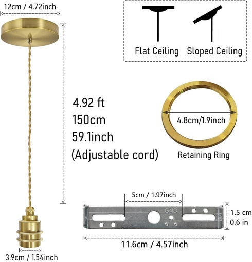 1-Light 4.92ft E26 Bulbs Gold Pendant Light Kit Mini Pendant Lights Cord Adjustable Ceramic Metal Hanging Ceiling