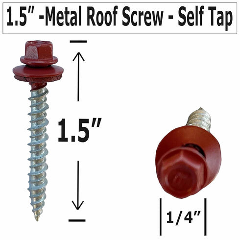 Metal Roofing Screws-#10 x 1.5” – Self tapping Hex Head with EPDM Rubber Washer – for Metal to wood, Corrugated Roofing, Siding, Sheds, pancake screw - ¼” Hex drive Easy Installation - RED Color (100)