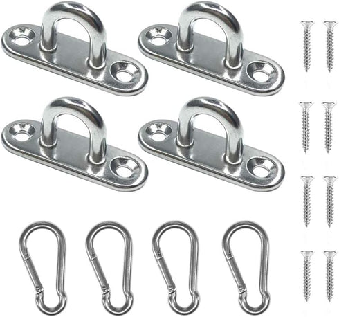 Stainless Steel Pad Eye Plate U Hooks + Snap Hook, Marine Hardware Staple Hook Loop with Screws, 4 Pack