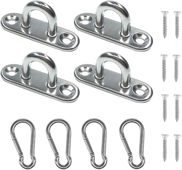 Stainless Steel Pad Eye Plate U Hooks + Snap Hook, Marine Hardware Staple Hook Loop with Screws, 4 Pack