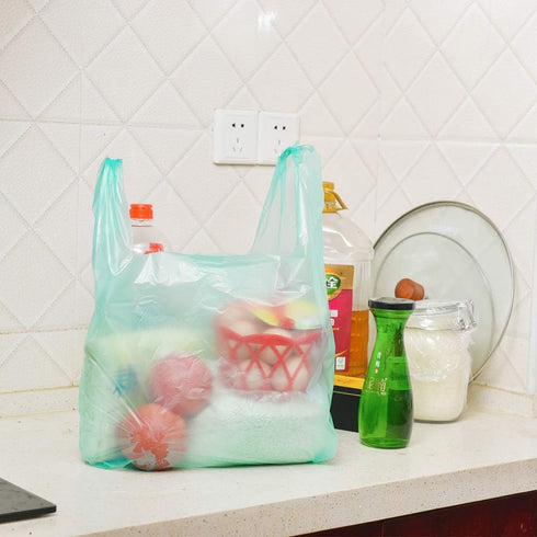 T Shirt Bags Plastic Grocery Bags with Handles in Bulk for Shopping and Restaurant, 12 x 20 Inch (Lake Blue, 50 Pcs)