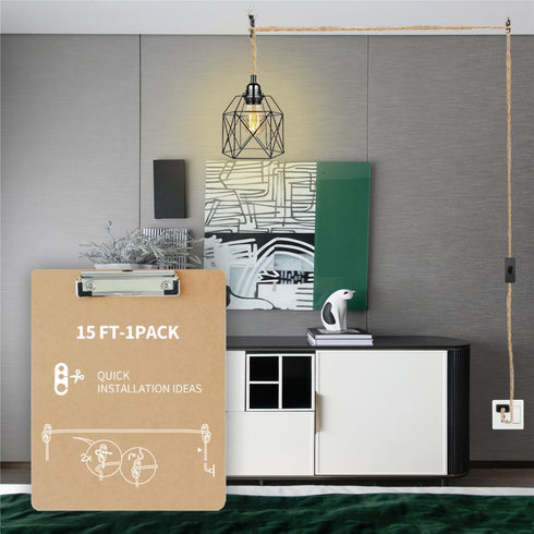 15ft, E26/E27 HESSION Rattan Wrapped Extension Hanging Lantern, Plug-in Pendant Light with Hemp Cord - Compatible