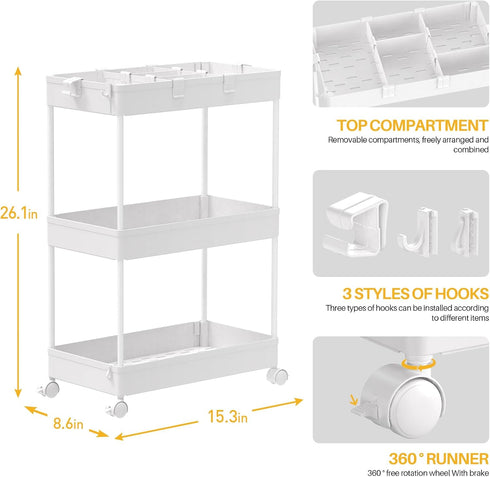 SPACELEAD 3-Tier Utility Storage Cart, Mobile Organizer with Lockable Caster Wheels, Rolling Carts for Bathroom,