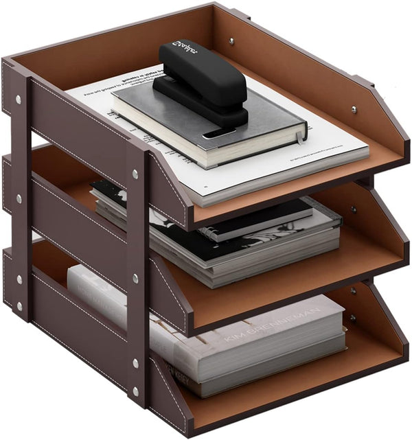 Leather Desk Organizer, Thipoten 3-Tier Stackable Letter Tray Holder for Office Supplies, Paper, File, Magazine,