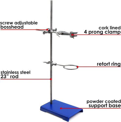EISCO Chemical Resistant Steel Ring Stand Set, Lab Stand Support with Clamp, 8 Inch x 5 Inch Base