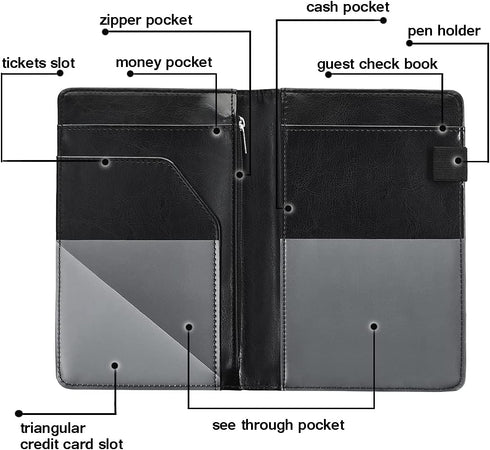 Black Server Books For Waitress/Waiter Book with Zipper Money Pocket,Cute Waitress Books Organizer Accessories Fit
