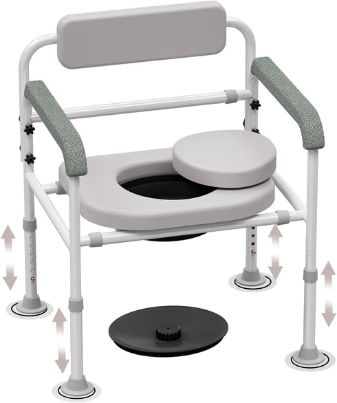 SeatYuPro Adjustable Medical Bedside Commode Chair with Padded Backrest, Drop Arm Support, Height