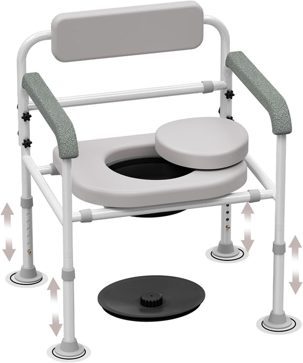 SeatYuPro Adjustable Medical Bedside Commode Chair with Padded Backrest, Drop Arm Support, Height