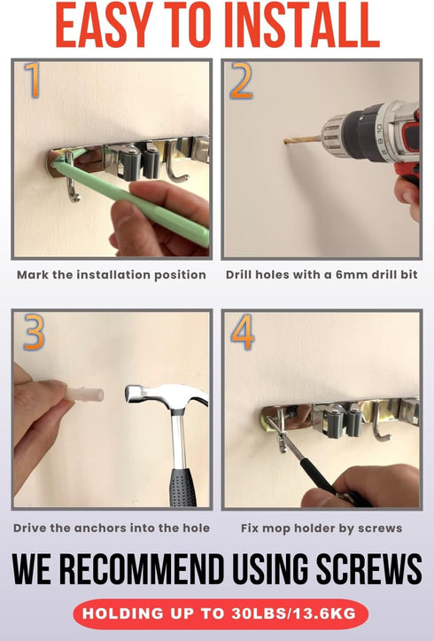 Upgraded Mop and Broom Holder Wall Mount, 5 Racks 4 Hooks, Stainless Steel Organizer for Closet, Garage, Kitchen