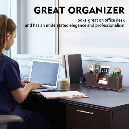 PUSU Desk Pencil Holder - PU Leather Pen Holder for Desk, Multifunctional Organizer with 4 Compartments