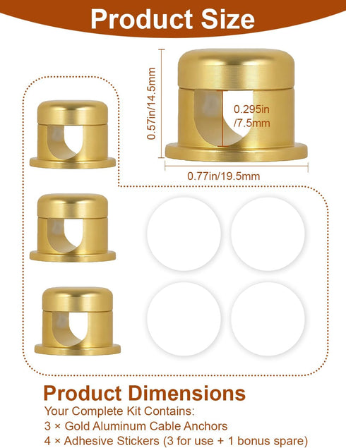 Rkoyes 3 Pack, Wider Base Strong Adhesive Desk Cord Holder Aluminum Gold Screw-top Cord Holder for Nightstand, Cable