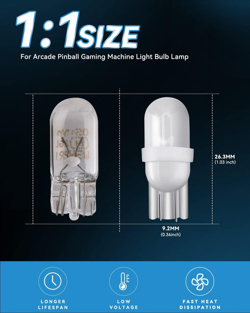 Keiurot T10 555 Bulb, 194 DC AC 6V 6.3V for Pinball, Warm White Nonpolarity, Pack of 10