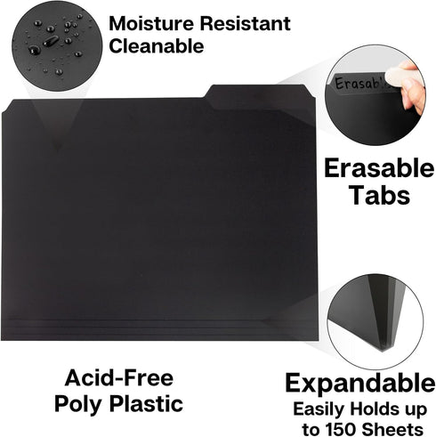 Dunwell Plastic Black 3-Tab Folders, 12 Pack Sturdy File Folders for 8.5x11 Documents