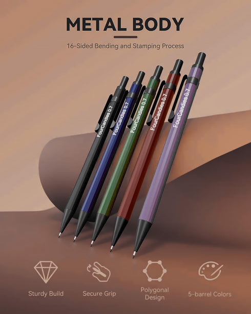 Four Candies 5PCS Metal Mechanical Pencil Set, 0.7mm with Dual Spring, Vintage Barrels, 240 HB #2 Lead Refills