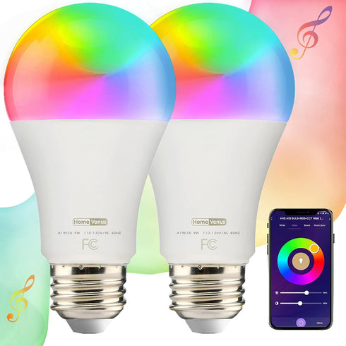 Homevenus HVS Smart Light Bulbs, 9W Equivalent 60W A19 E26 RGBW Color Changing, Music Sync, 2 Pack