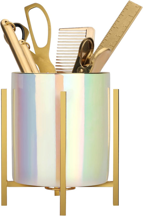 Ceramic Iridescent Pen Holder - Durable Desk Organizer & Paper Clip for Girls, Women, Office, Classroom, Home